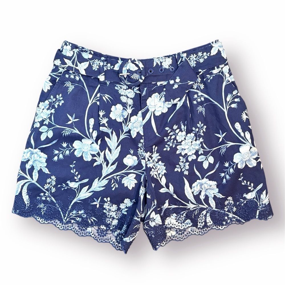 Laura Ashley Branch Toile Blue Cotton Navy Blue and White Floral Linen Shorts 8